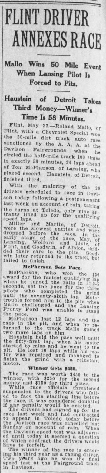 Davison Fairgrounds - May 23 1927 Article (newer photo)